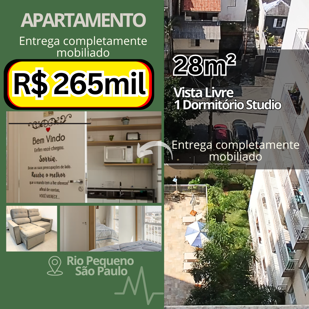 Apartamento Studio 28m² com varanda & decoração completo com eletrodomesticos